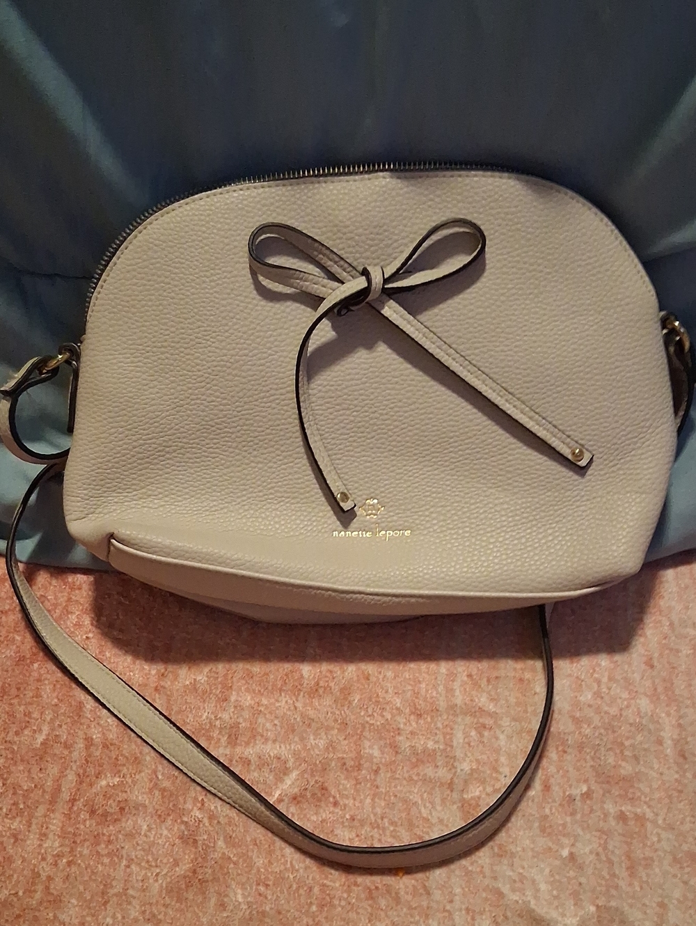 Nanette Lepore Cream Pebbled Leather Crossbody with Bow Accent